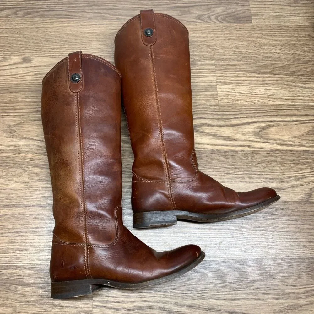 Frye #77167 Melissa Button Brown Tall Leather Riding Biker Womens Boots‎ Size 6B